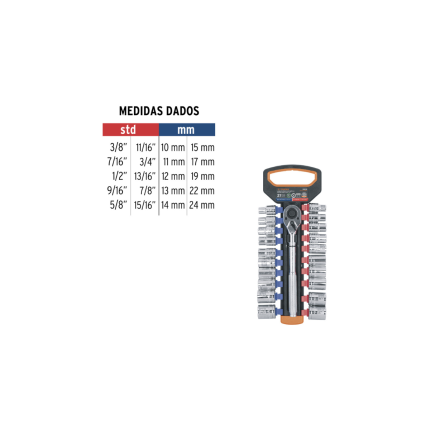 Juego de dados mm y std con matraca, cuadro 3/8"